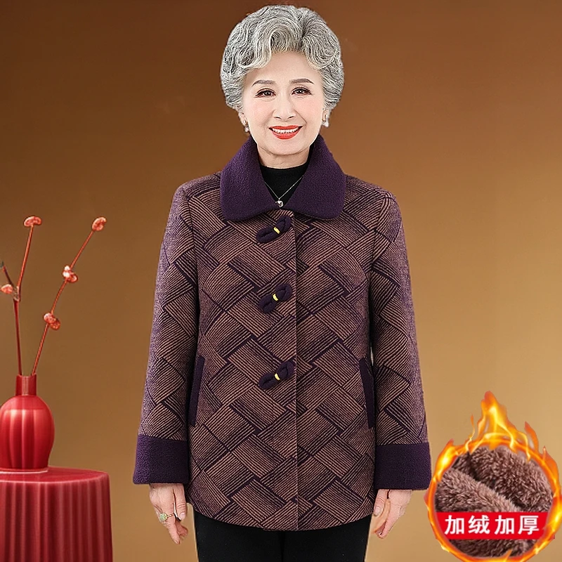 奶奶装秋冬装毛呢加绒加厚水貂绒外套中老年人女妈妈棉袄太太衣服