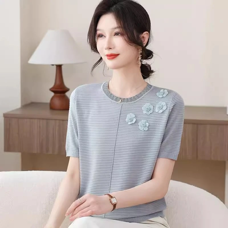 夏季新款圆领天丝短袖Tt恤女洋气百搭提花烫钻针织衫显瘦休闲