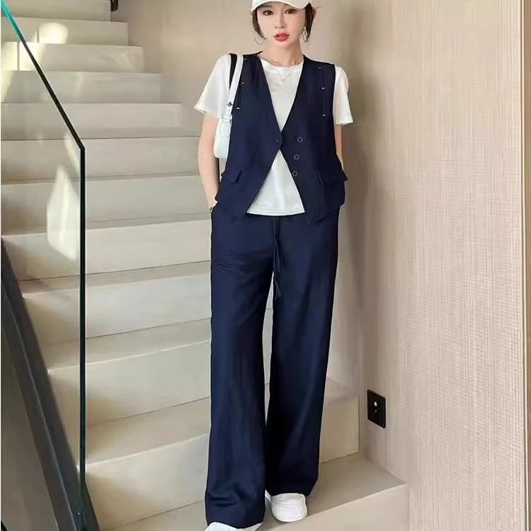 2025夏新款魅如丝韩版高级感套装西装马甲直筒休闲阔腿裤三件套