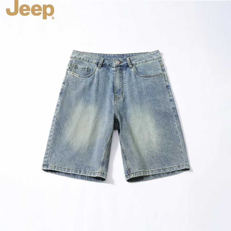 JEEP吉普夏凉感莱赛尔天丝复古蓝五分牛仔短裤男士直筒透气休闲裤
