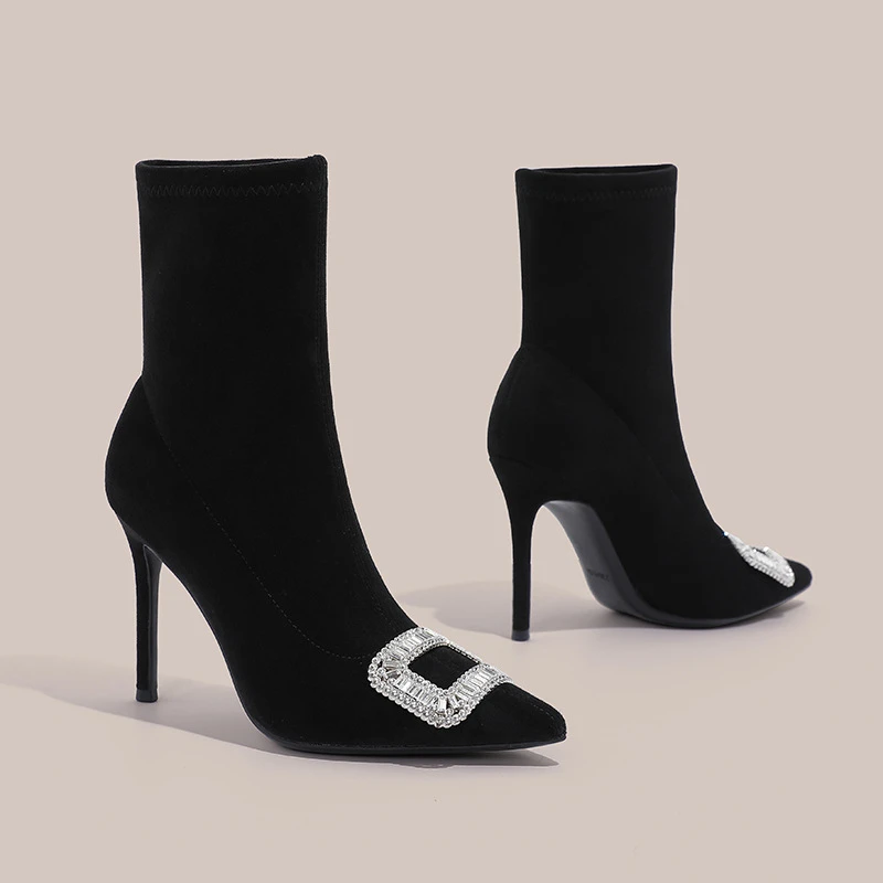 西瑞女鞋时尚弹力靴冬季新款踝靴黑色尖头筒靴高跟潮流百搭袜靴