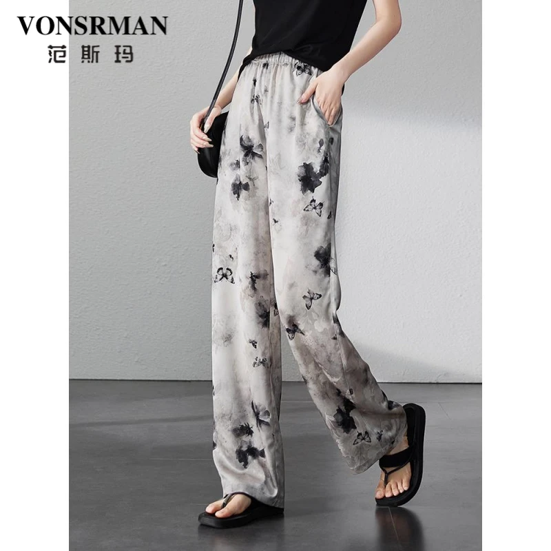 时尚印花休闲阔腿裤女2025夏季新款流行宽松显瘦高腰拖地裤外穿潮