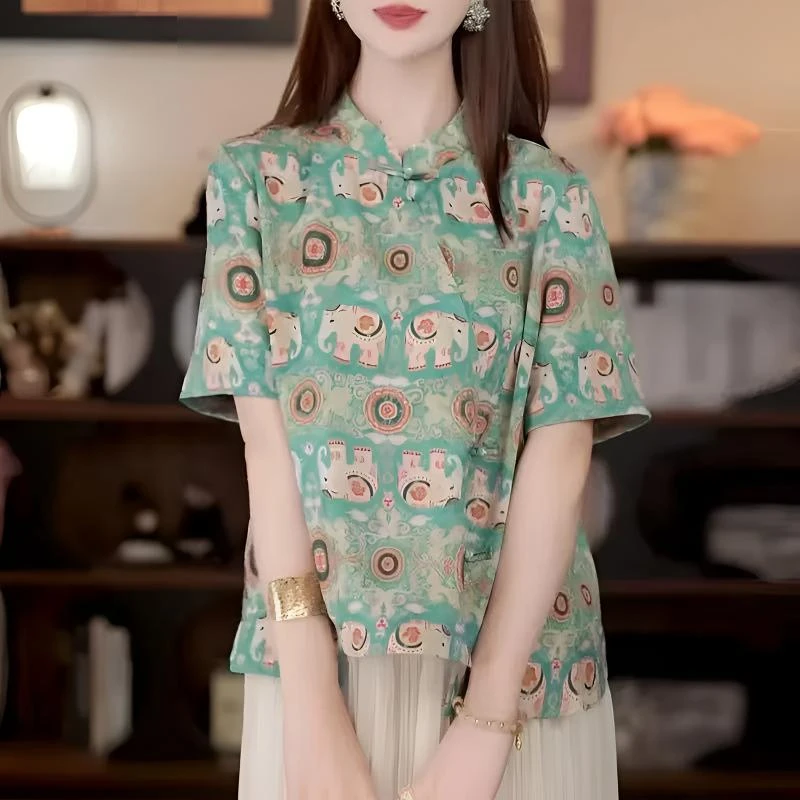 【欣欣象荣】新中式国风七彩象2025夏季新款短袖盘扣上衣MCGSY0550