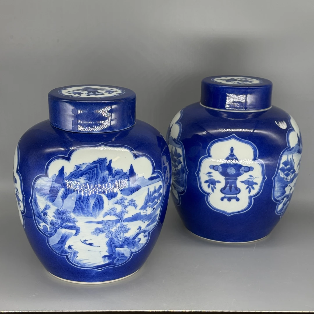 52512009*清晚期洒蓝釉开窗青花山水纹大罐一对/瓷器五/MM