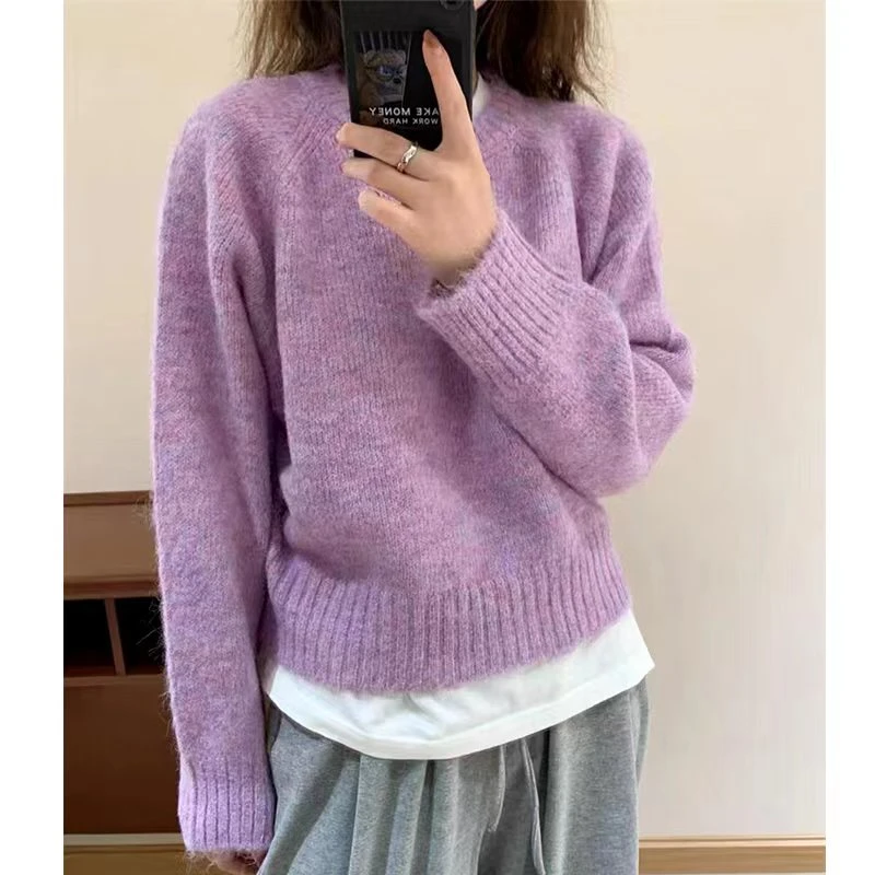 【现】#2454渲染色圆领毛衣女秋冬外穿针织衫宽松毛衣