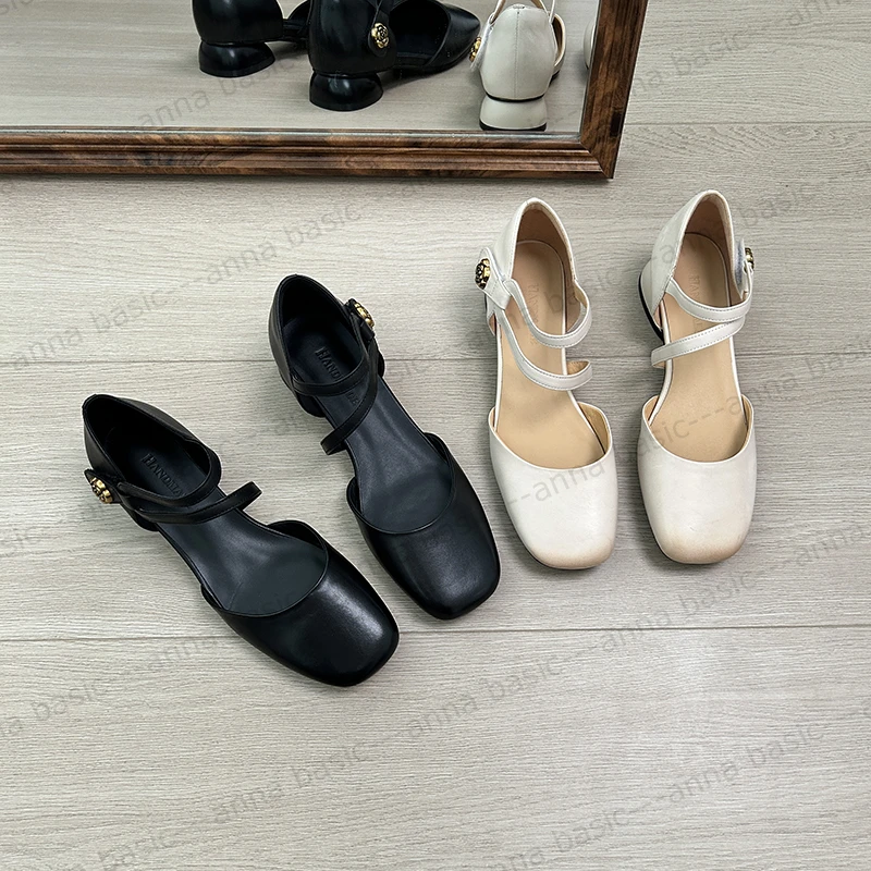 4cm/2031牛皮包头凉鞋女夏季新款方头浅口粗跟低跟侧空法式