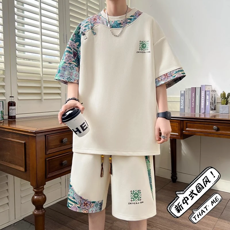 新中式国风短袖t恤男夏季冰丝休闲运动套装男青少年一套搭配帅气