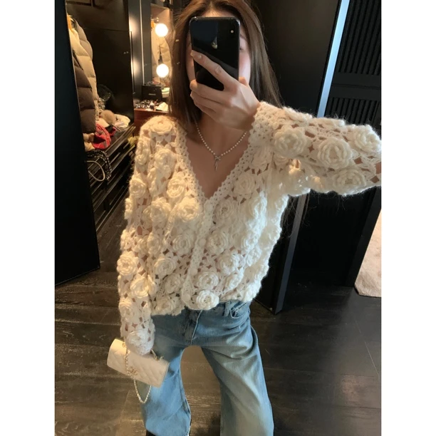 【初恋女主】手工镂空玫瑰钩花工艺派毛衣