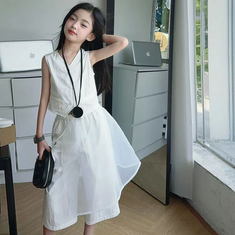 女童时尚套装夏季新款设计感西装无袖马甲九分裤两件套2025儿童装