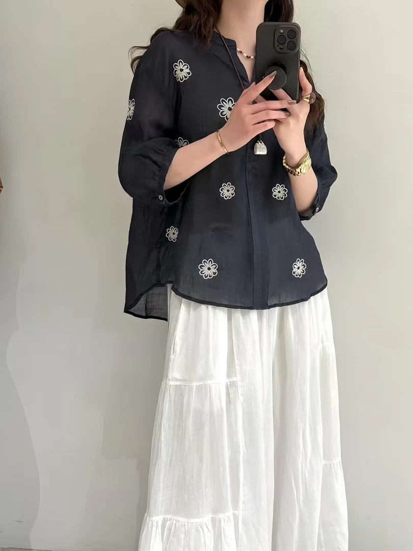 【MM 苎麻刺绣】立体刺绣花朵中袖苎麻小衫丫8510