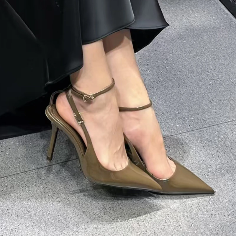 一字带细跟高跟鞋前包后空浅口尖头不累脚高跟凉鞋女2025新款夏季