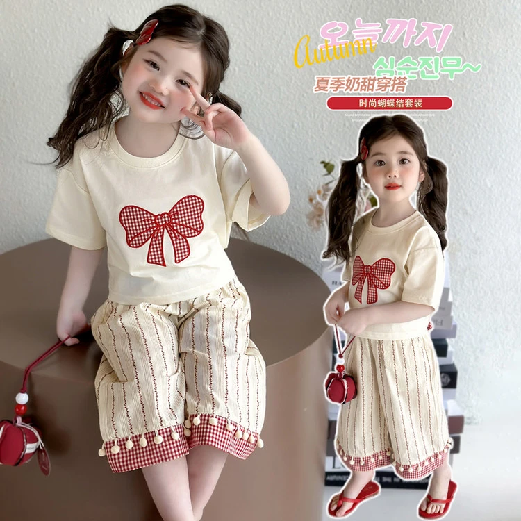 女童短袖套装夏装2025新款洋气儿童蝴蝶结休闲阔腿裤子宝宝两件套