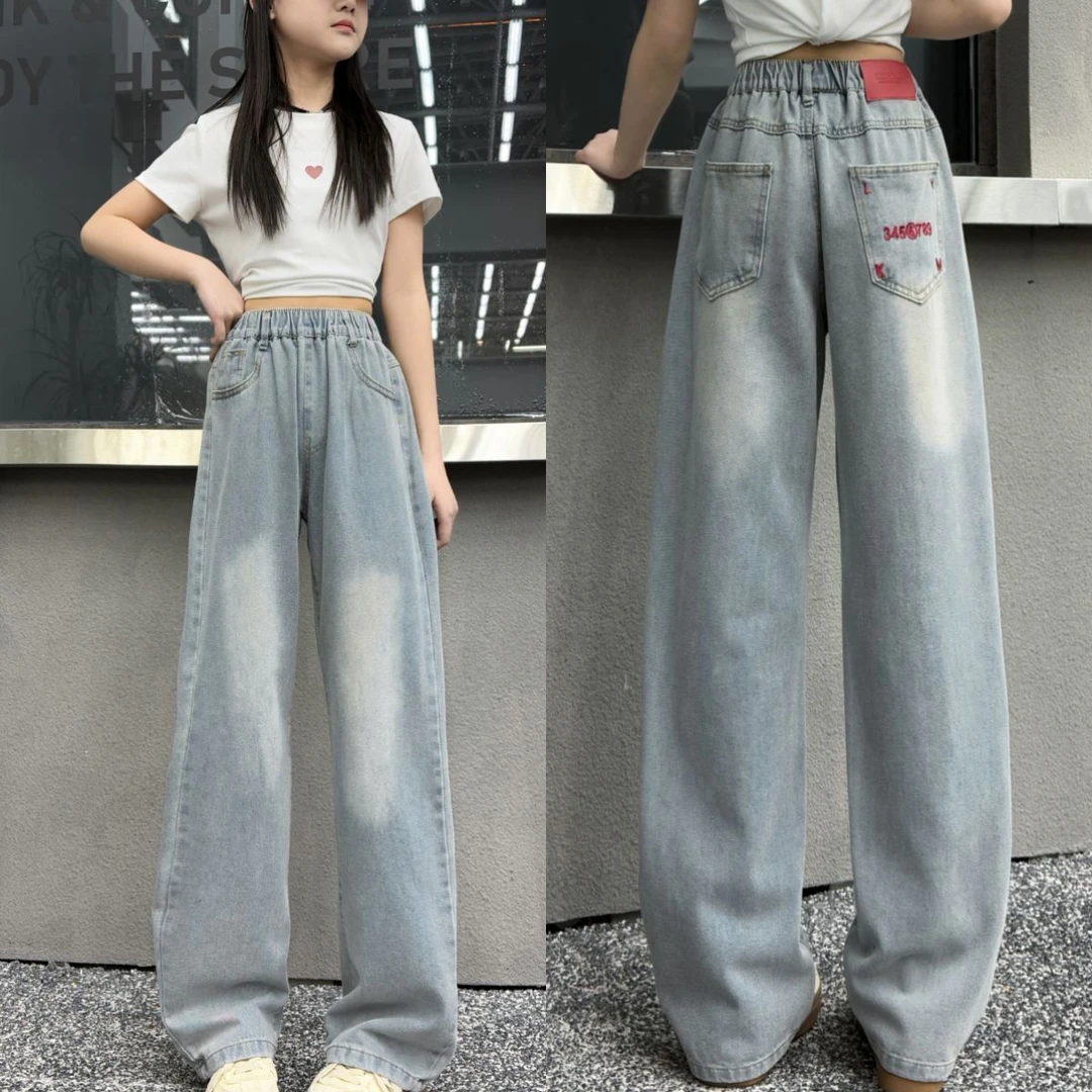 儿童牛仔裤女童春秋阔腿裤2025春季薄款新款高腰百搭超柔直筒裤子