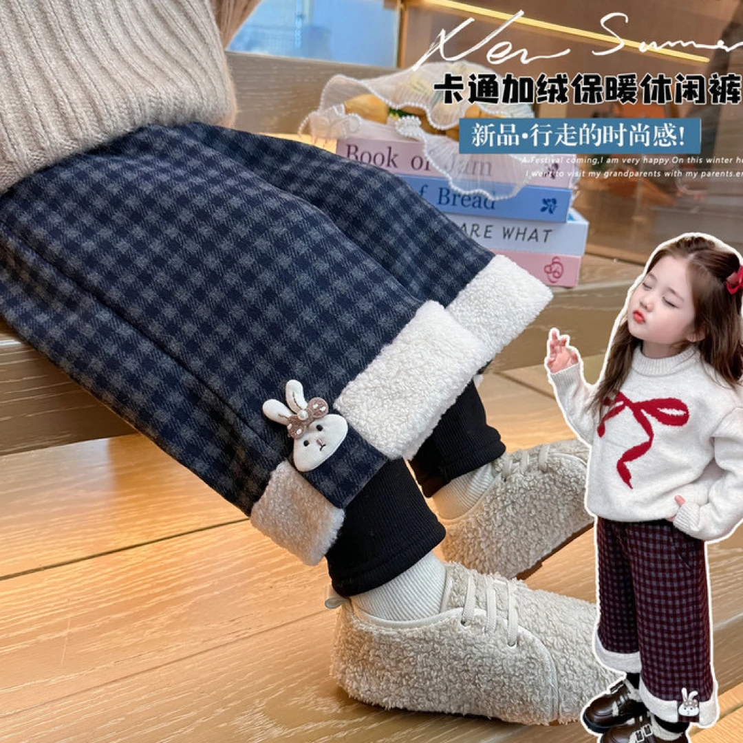 女童假两件加绒格子裤秋冬季加厚休闲裤洋气女宝宝保暖长裤现货