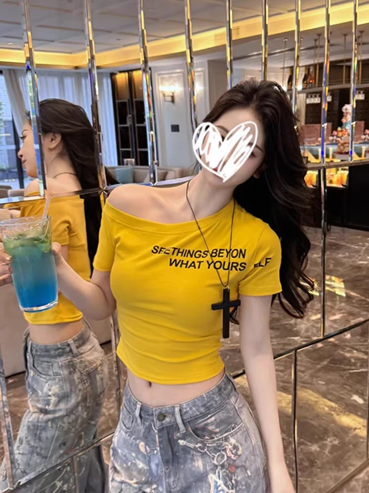 夏季2025新款微胖MM性感纯欲风斜肩字母印花短款T恤短袖
