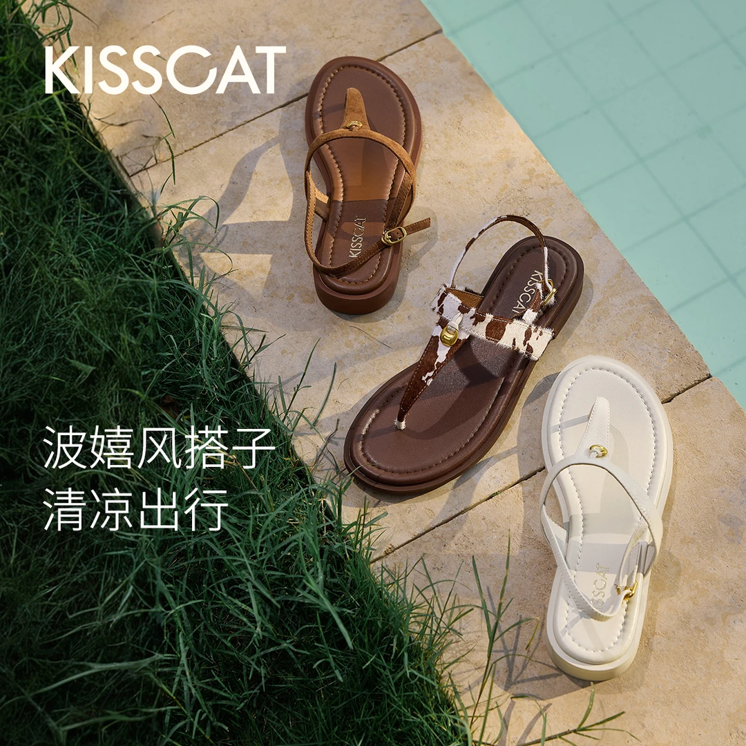 接吻猫【金色沙滩】夹趾凉鞋新法式夏日通勤休闲穿搭凉鞋KA65386-10