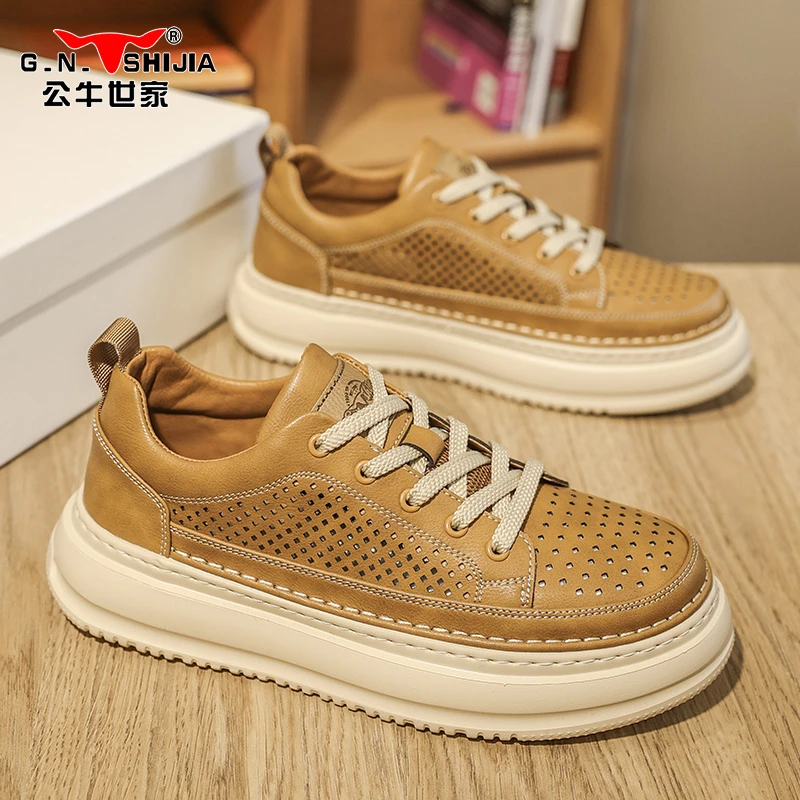 公牛世家鞋子男鞋夏季透气防臭镂空休闲皮鞋男士2025新款厚底板鞋商品图