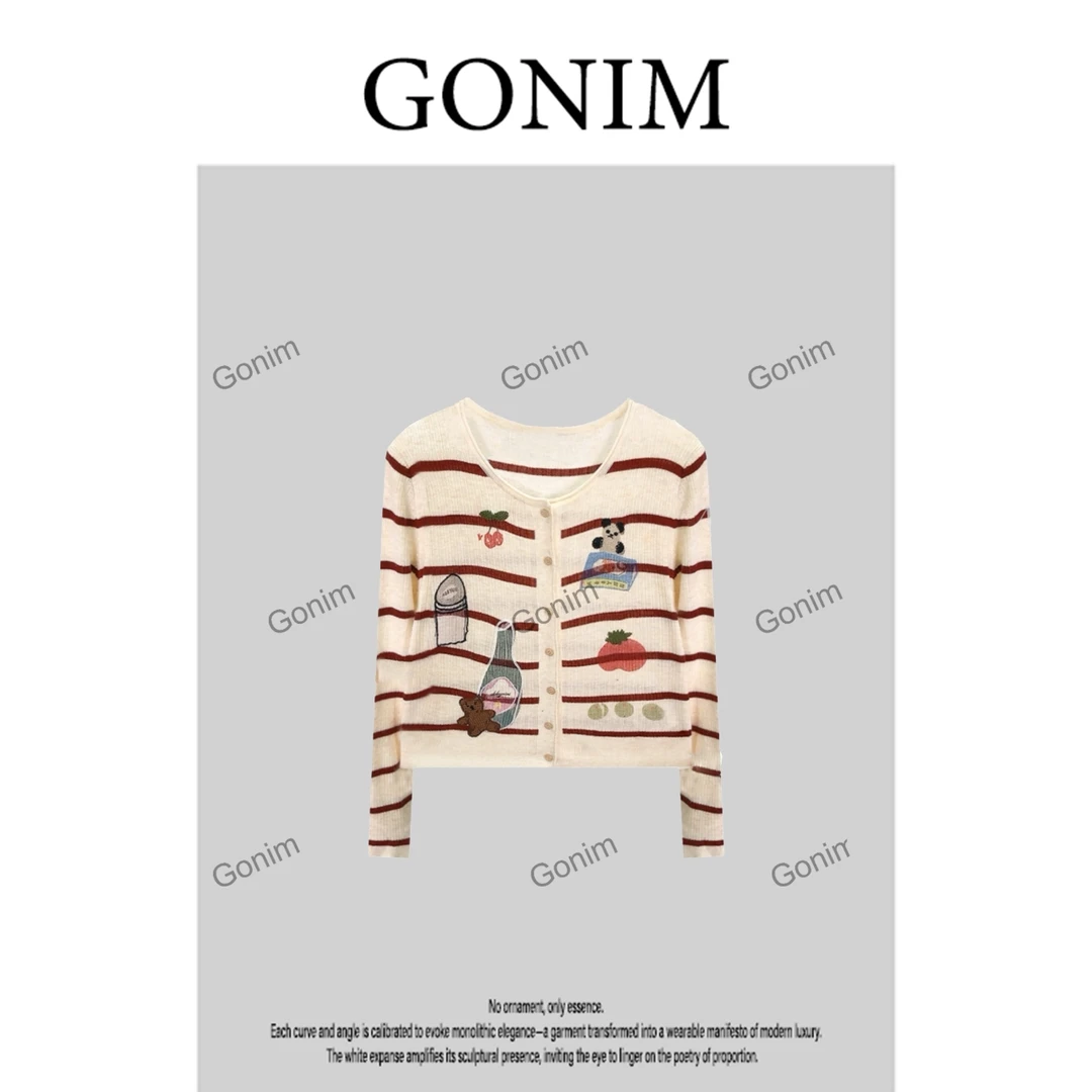 Gonim“食趣绣草”2025早秋新款时气质百搭减龄针织上衣女