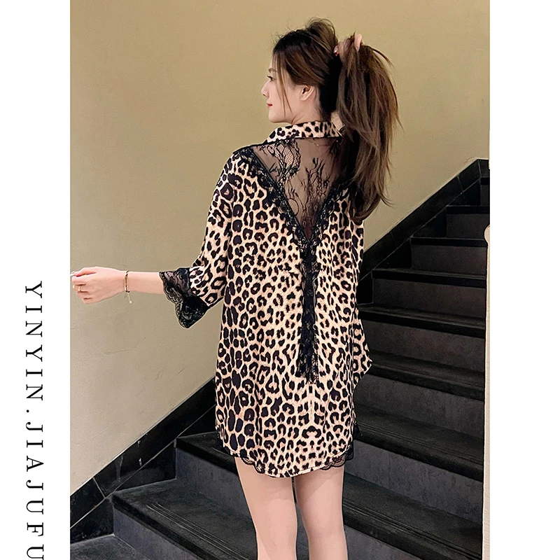 蕾丝花边豹纹冰丝短袖睡裙套装女士新款性感高级感睡衣短裤家居服