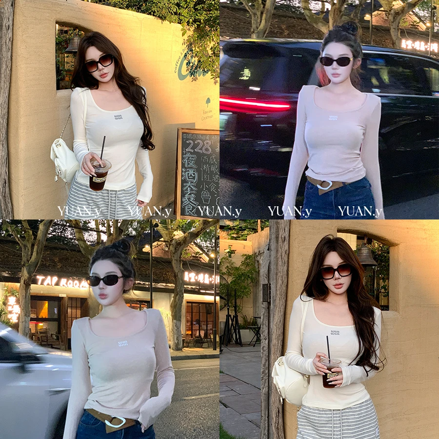 媛媛【本期私服推荐】米白色U领长袖T恤女气质内搭打底衫上衣#D1019