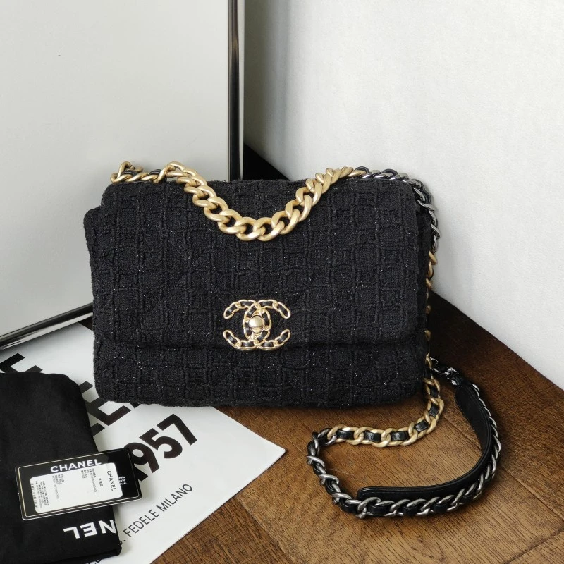 95新 Chanel/香奈儿 21S黑金细闪毛呢19bag小号手提单肩包51280