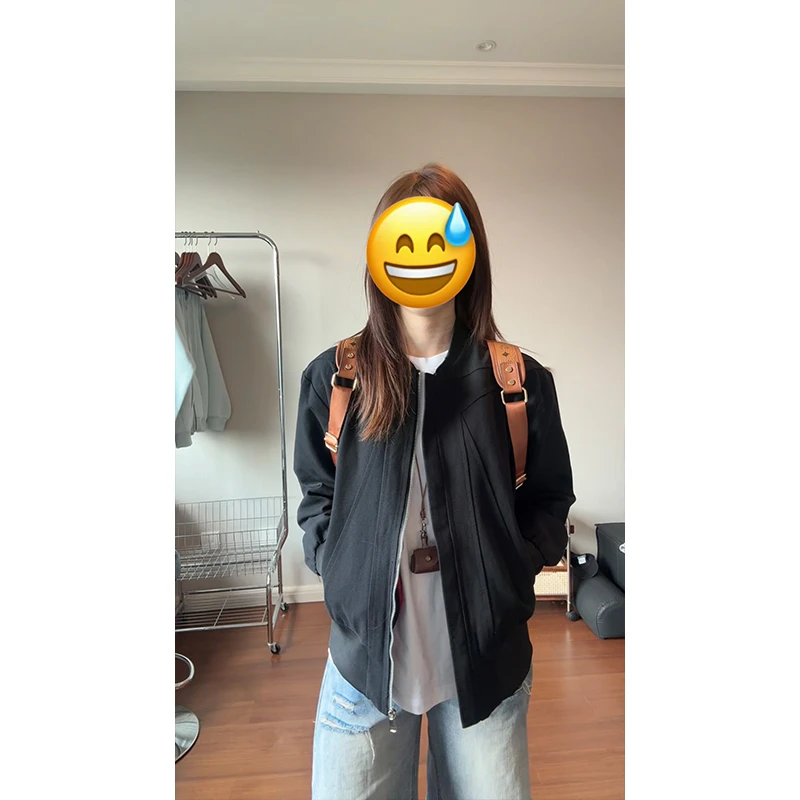 重磅帆布倒三角做旧水洗夹克短款秋季男款韩版纯色棒球领外套