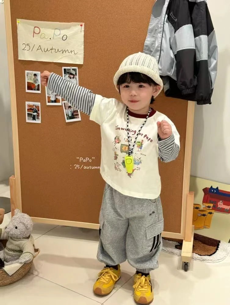 长袖秋款休闲风印花撞色假两件卡通拼接T恤100棉纯棉韩系A类上衣