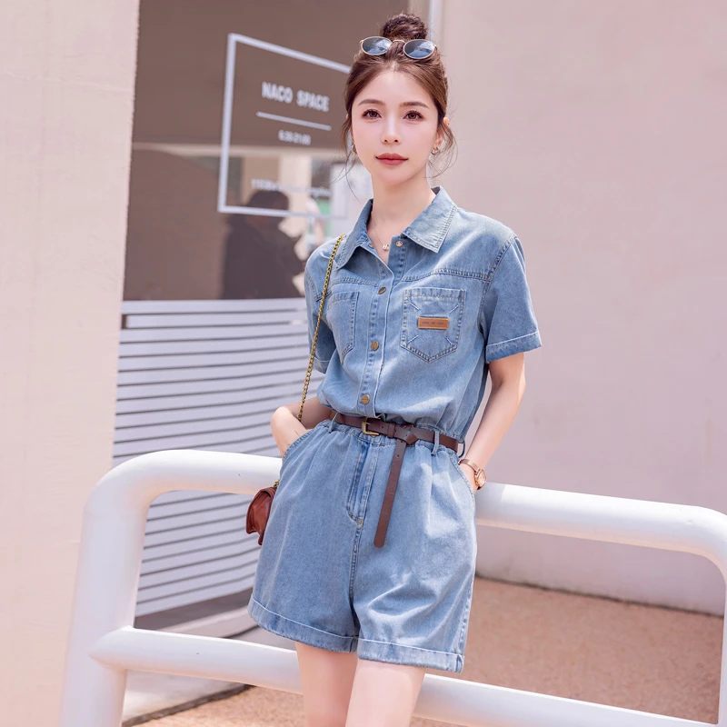 连体衣裤现货主推夏季新品牛仔工装连体短裤送腰带C252-23