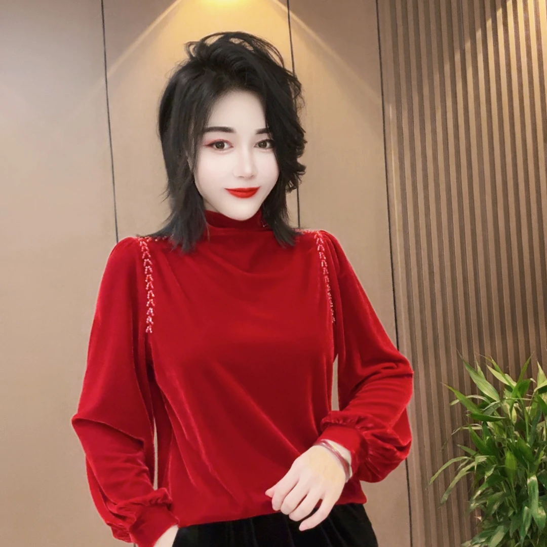 时尚串珠立领百搭丝绒衫上衣666