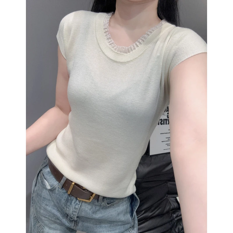 简约休闲冰丝针织衫短袖女拼接蕾丝洋气显瘦修身百搭纯色上衣夏季