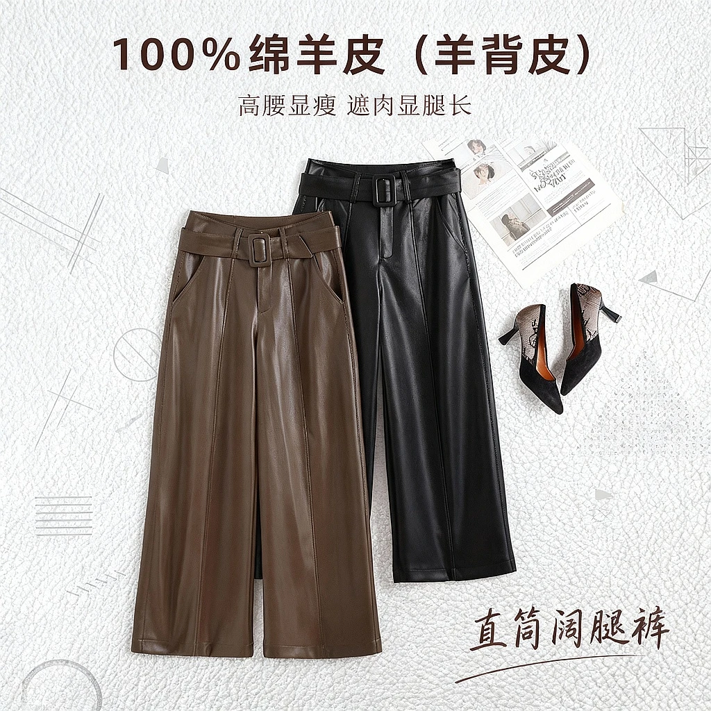 海宁真皮绵羊皮爆款直筒高腰阔腿裤宽裤秋冬显瘦宽松潮品时尚LFR