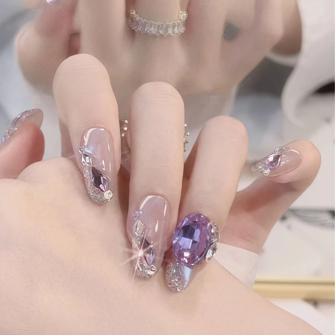 指加【小紫】猫眼九紫离火纯手工穿戴甲紫色系闪钻辣妹夏日美甲