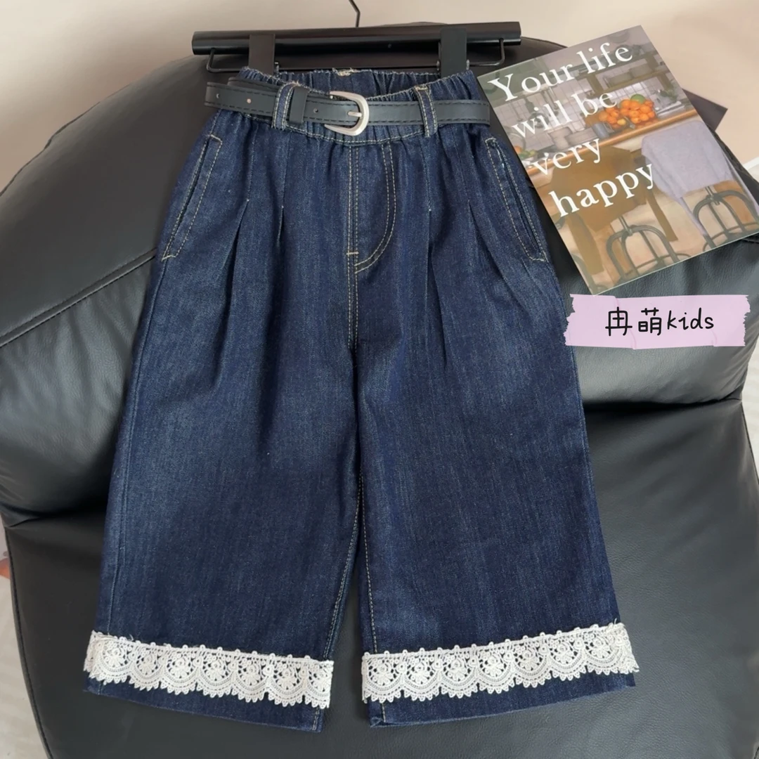 女童花边拼接直筒牛仔裤2025新款宽松百搭九分裤夏季甜美阔腿裤潮