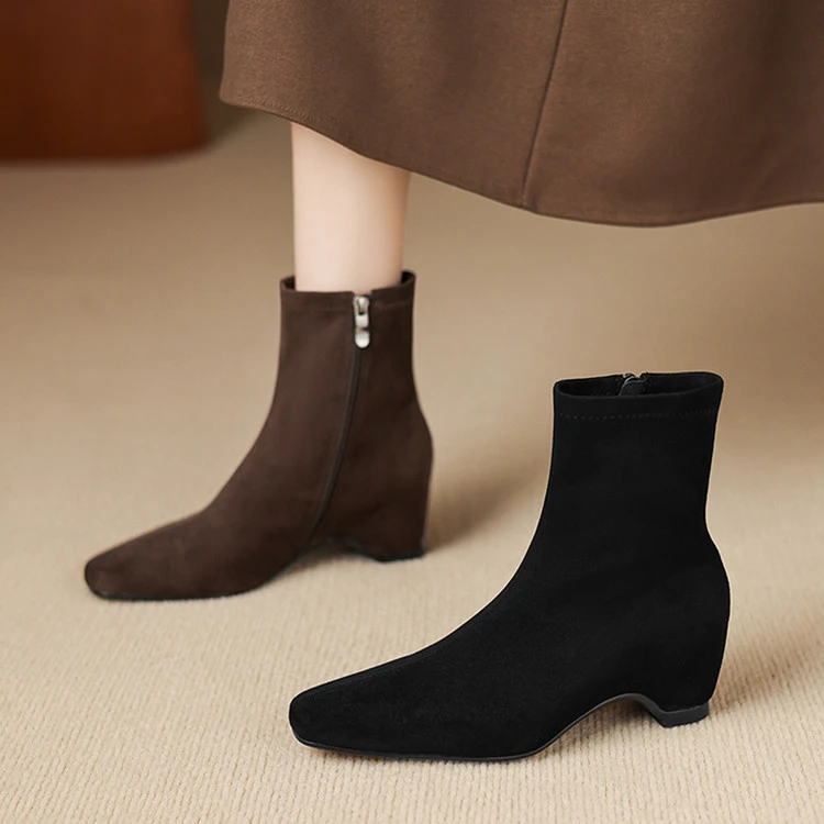 秋冬新款内增高短靴加绒拉链法式小方头中跟短筒瘦瘦靴坡跟及裸靴