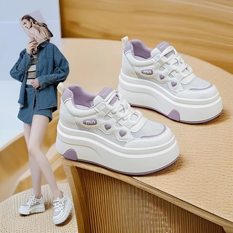 内增高8cm透气小白鞋女ins韩版薄款小个子厚底松糕鞋2025夏季爆款