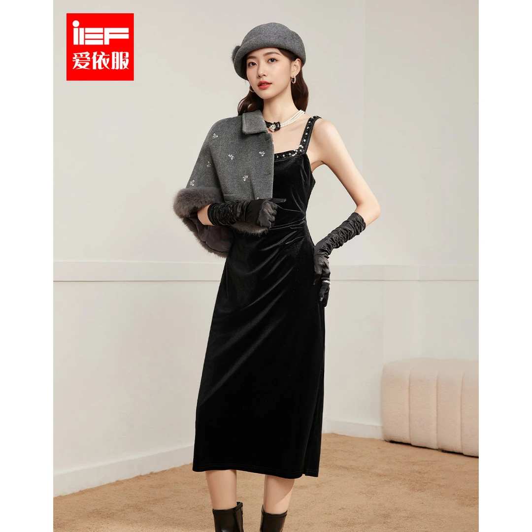 IEF/爱依服2025新款秋季气质优雅温柔感天鹅绒吊带长裙