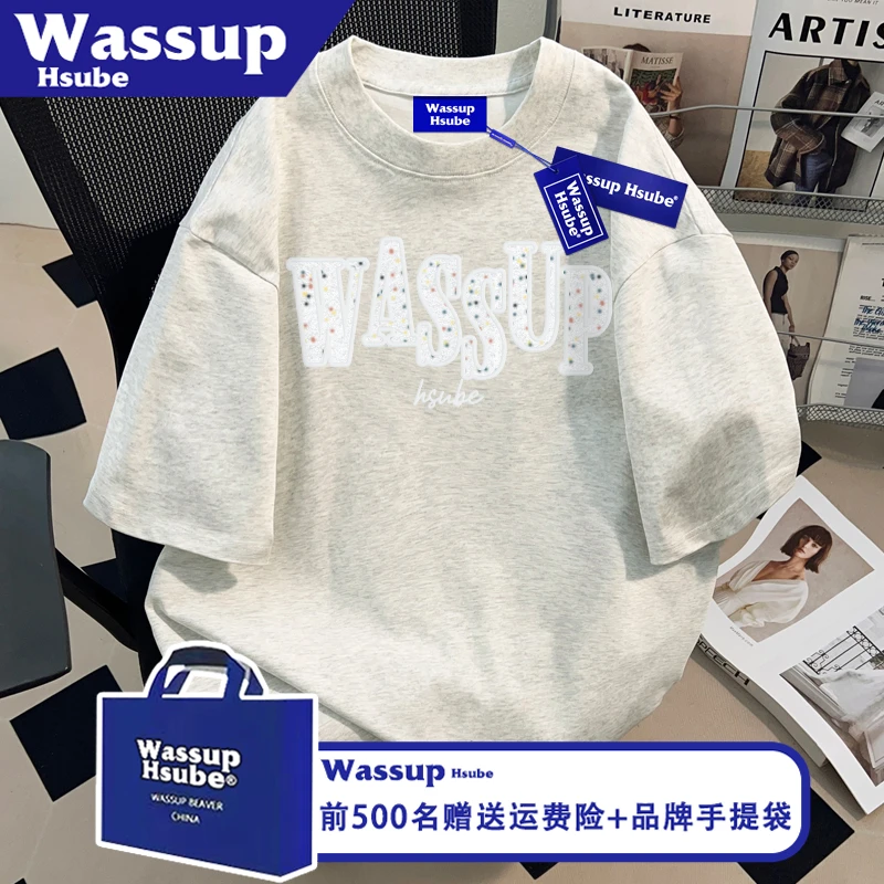 WASSUP HSUBE夏季男女款纯棉半袖字母印花T恤ins白灰新款舒适短袖