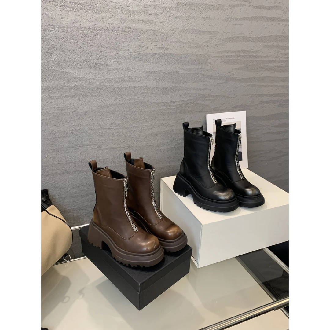 洋气夏天女款时尚百搭女鞋单靴圆头粗跟复古瘦瘦靴增高马丁靴流