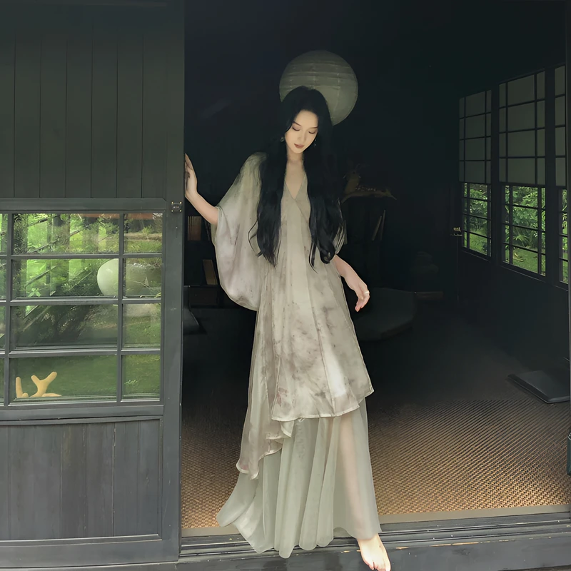 2025新款初秋季夏季薄纱连衣裙女宴会新中式清冷系禅意衣服女