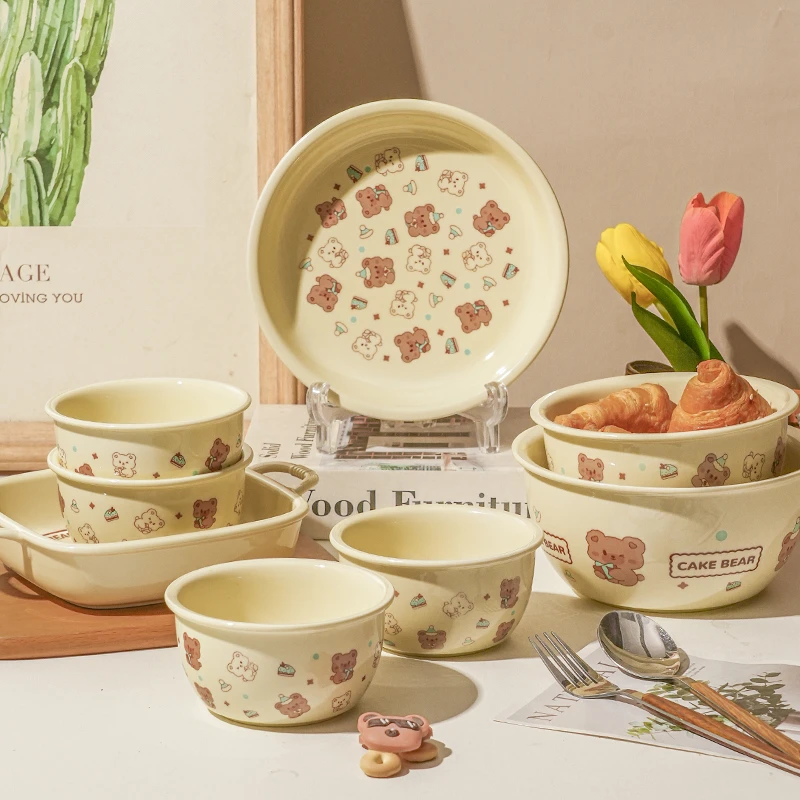新款可爱小熊奶油系陶瓷餐具碗碟套装家用釉下彩饭碗双耳碗盘子