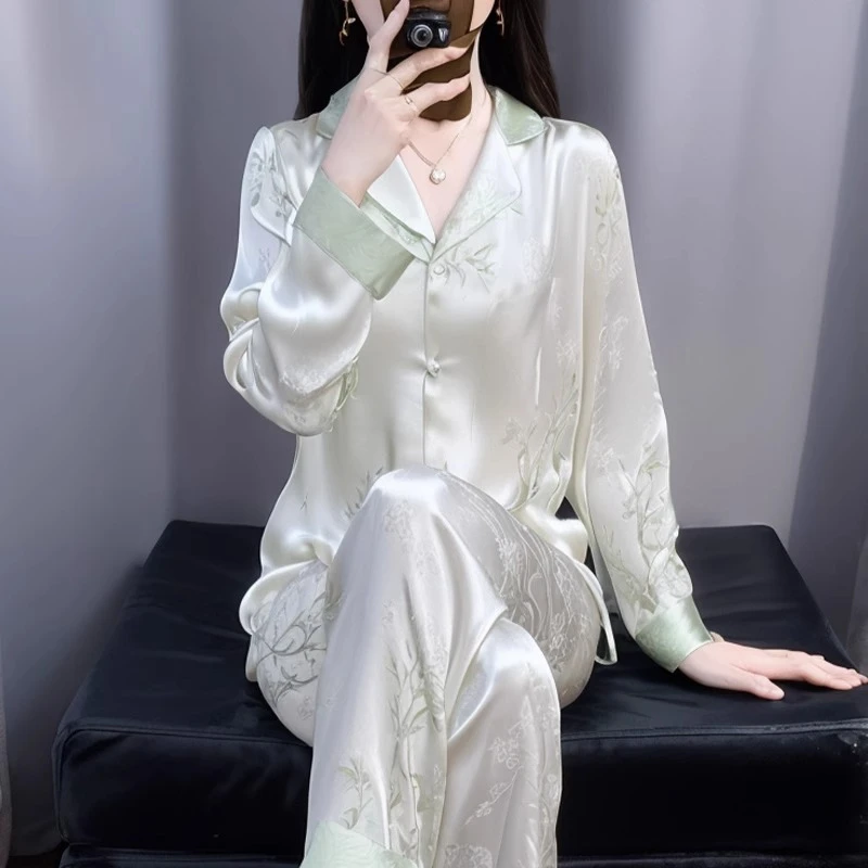 tpvl2025新款水光绸提花睡衣女春夏长袖家居服套装高级感外穿薄款