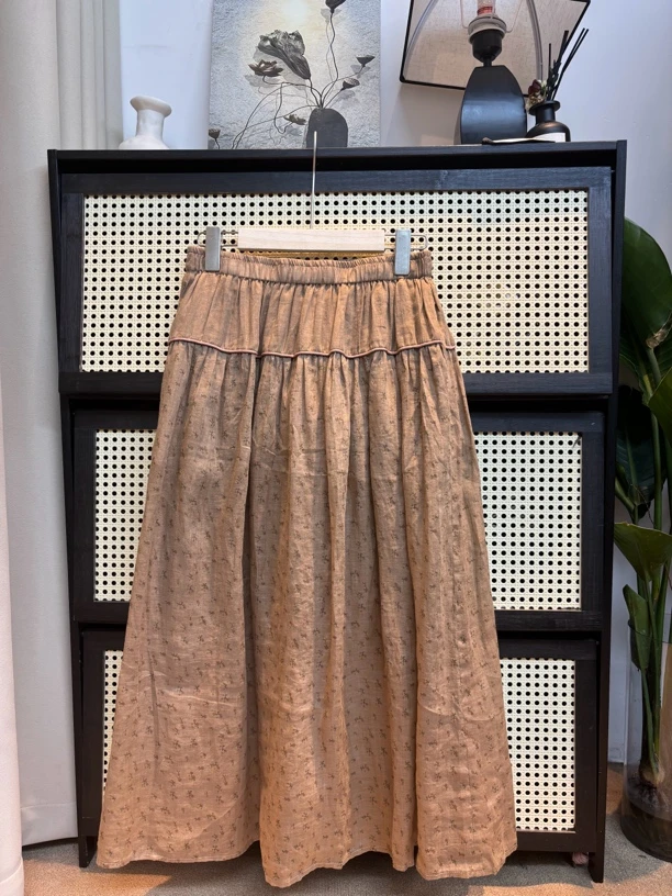 染禧复古气质苎麻半身裙高腰显瘦飘逸大摆长裙文艺风