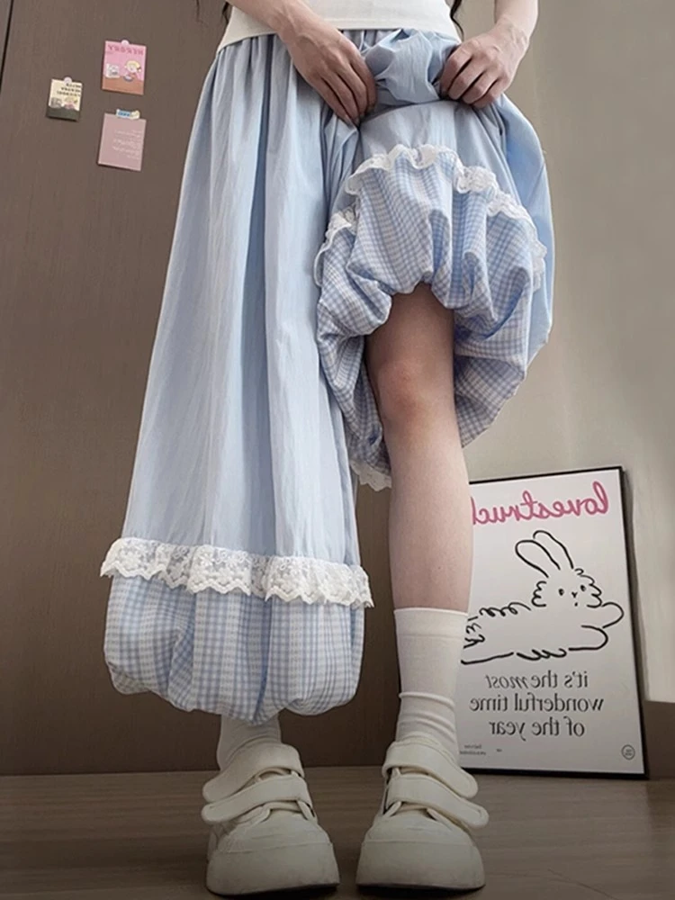 蓝色格子花苞裙裤女装夏日轻薄裤子大码胖mm蕾丝花边蓬蓬灯笼裤裙