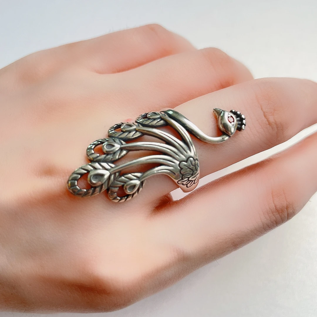 925银戒指 【玺吻】s925银 手工民族风开口素款纯银可调节凤凰戒指