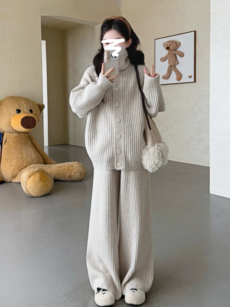 蔓蔓 时尚套装软糯针织开衫毛衣外套新款高腰坑条休闲长裤子22929