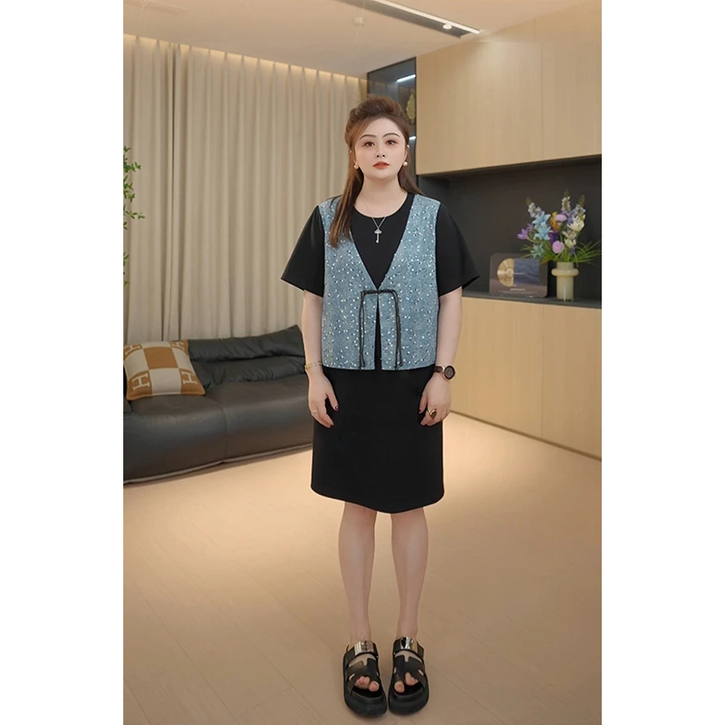 【胖佳佳】珠片裙 假两件短袖连衣裙牛仔拼接中长裙H625Z05587