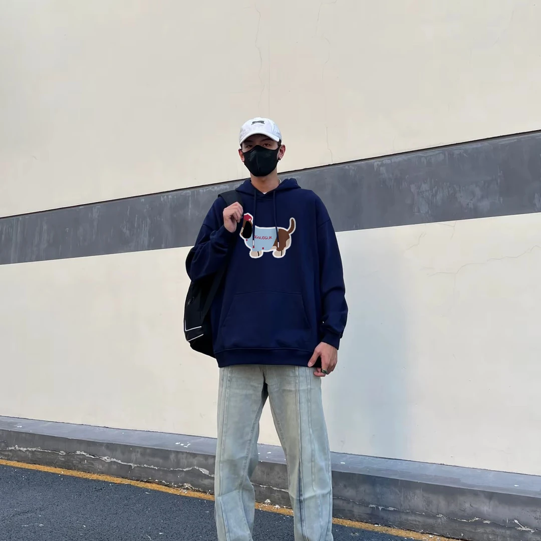 美式小众小狗仿刺绣连帽男女卫衣秋冬季ins高街宽松百搭加绒上衣