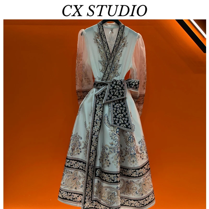 宫廷复古网纱灯笼袖V领收腰大摆印花欧美风连衣裙女 K6157