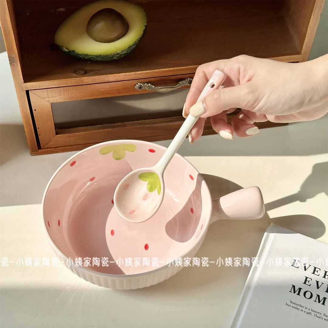 64福气【草莓多2件套】手柄碗+勺子 陶瓷少女心带勺焗饭碗