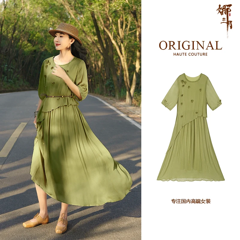 【高端线】时尚优雅飘逸手工钉珠立体花朵连衣裙9051